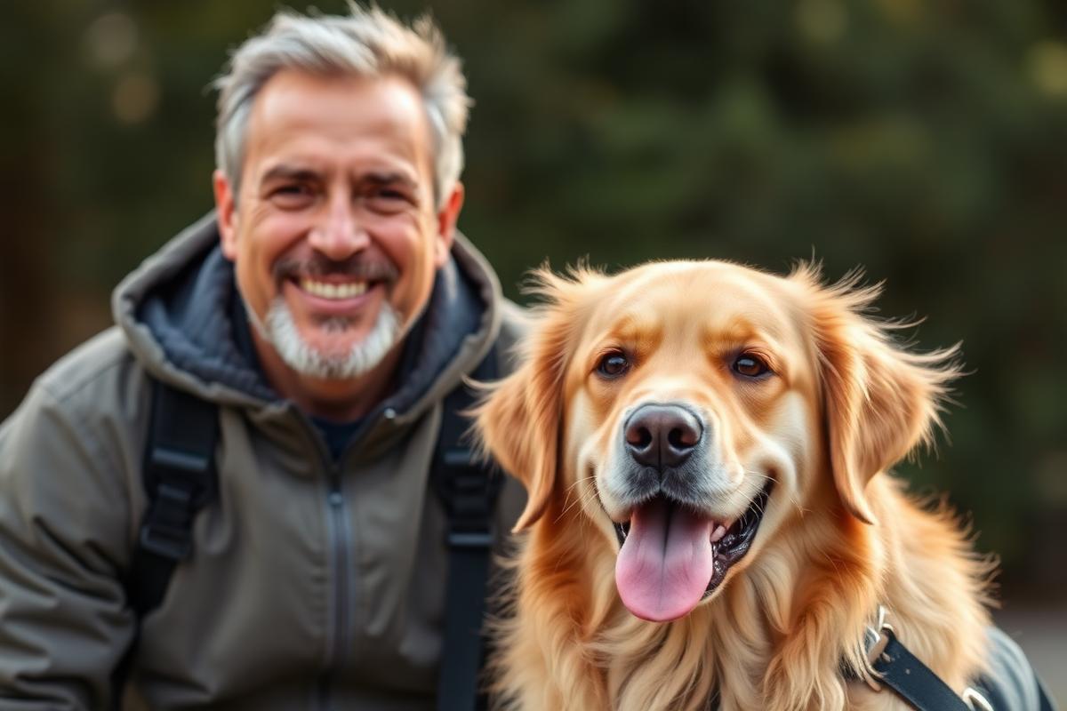 A man and his support service dog — learn more about our positive training methods at Service Dog of USA.